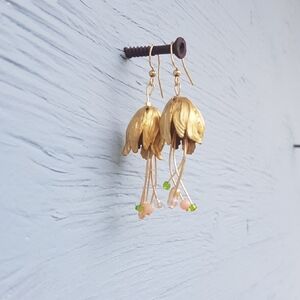 Patch & Roam Midsummer gold tone large brass tulip beaded dangle earrings w/bead